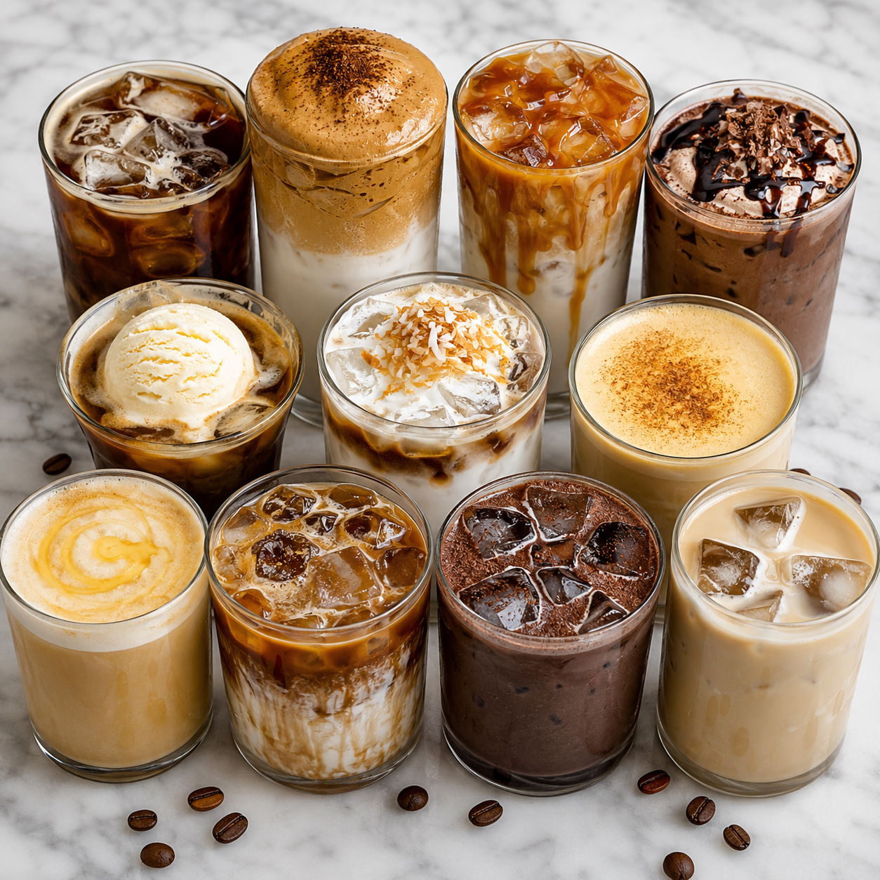 Assorted homemade coffee drinks with iced lattes, mocha, dalgona and affogato