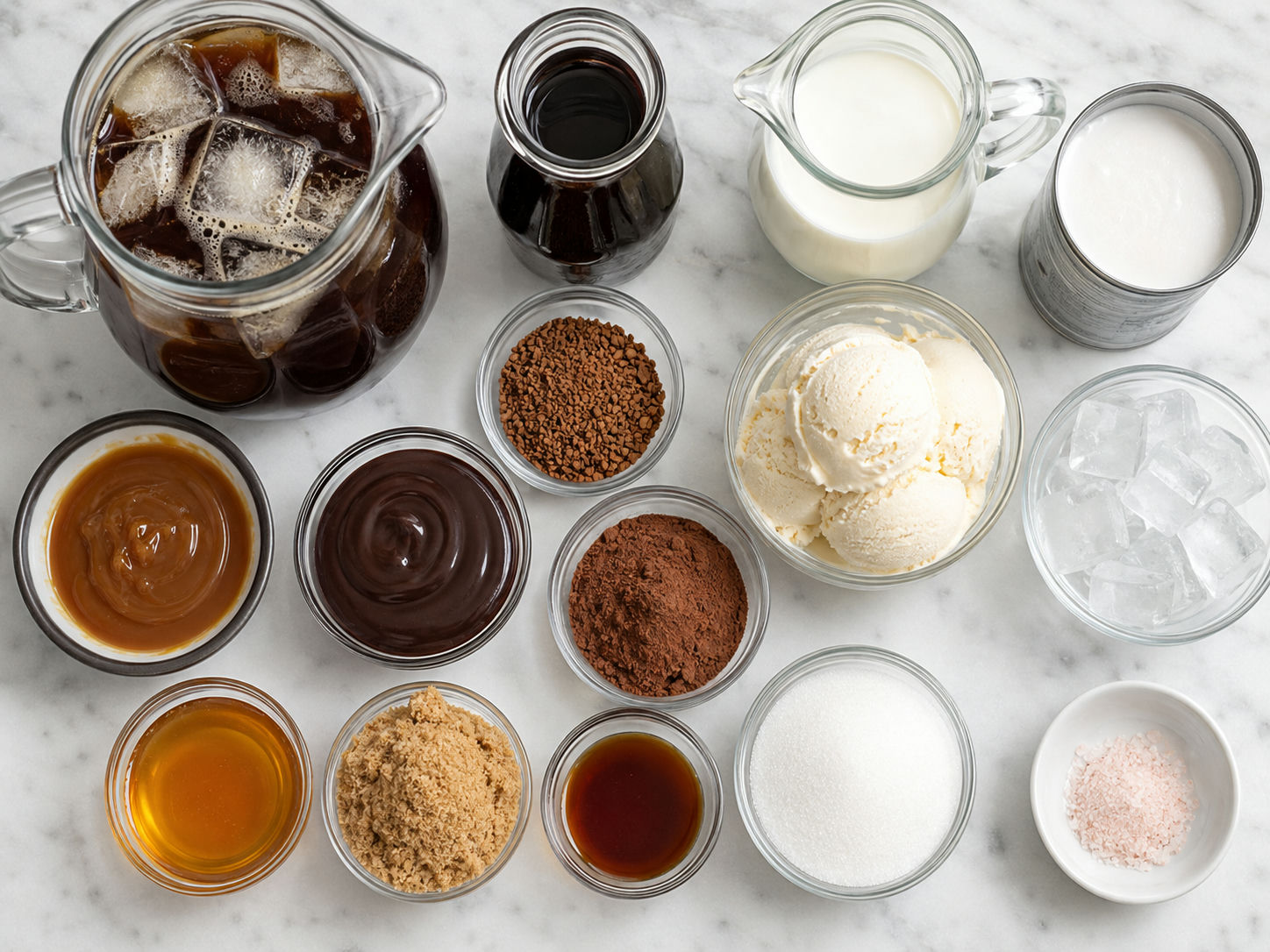 Ingredients for homemade coffee drinks with coffee, milk, syrups, cocoa and ice