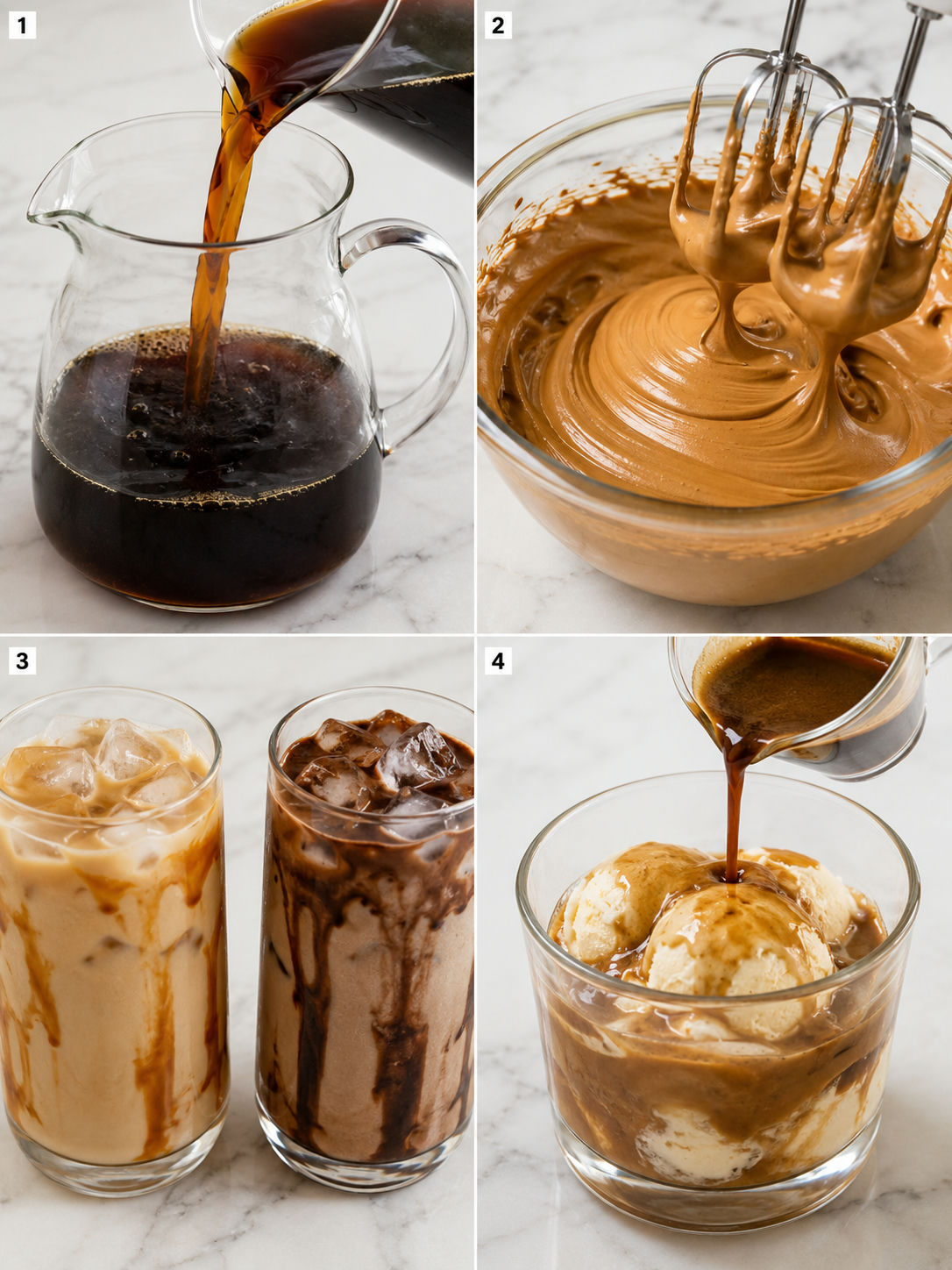 Four steps for making homemade coffee drinks with foam, syrups and affogato