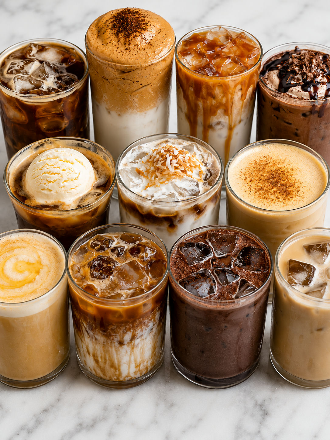 Assorted homemade iced coffee drinks tightly framed with foam and caramel swirls