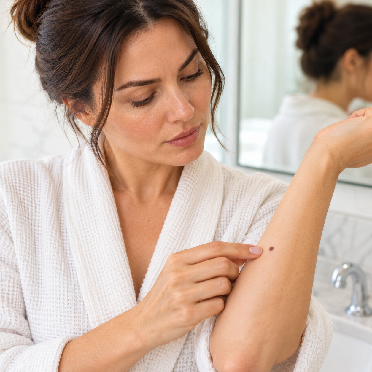 Woman checking a mole on her forearm in soft bathroom light