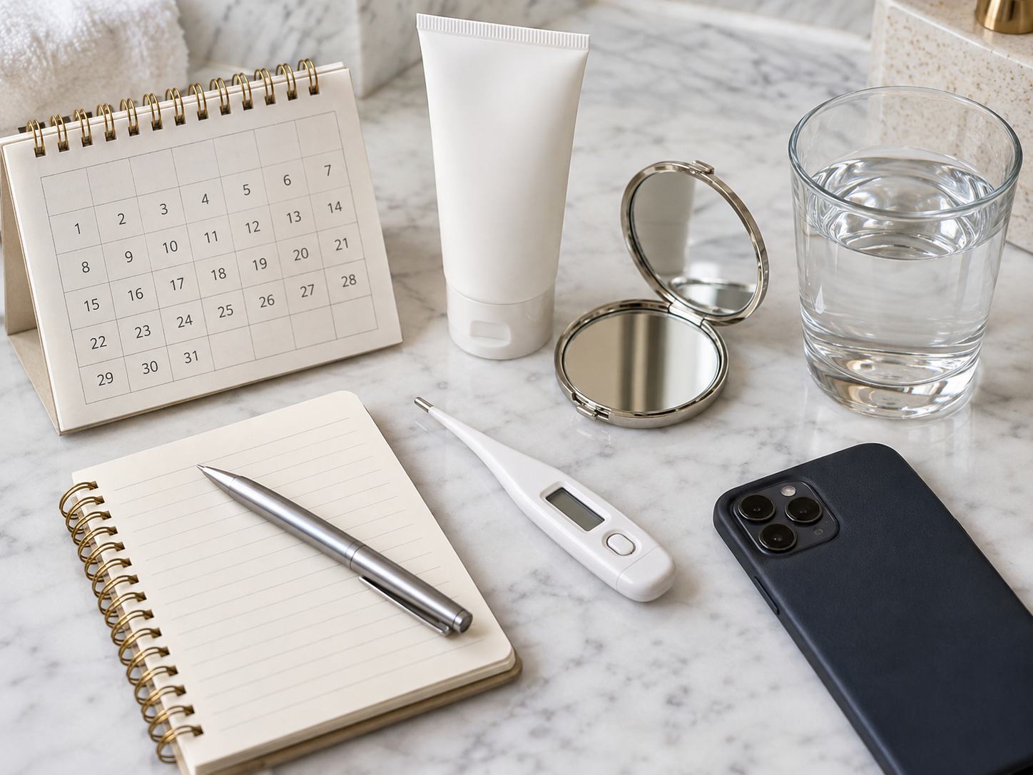 Health check items on a clean bathroom counter