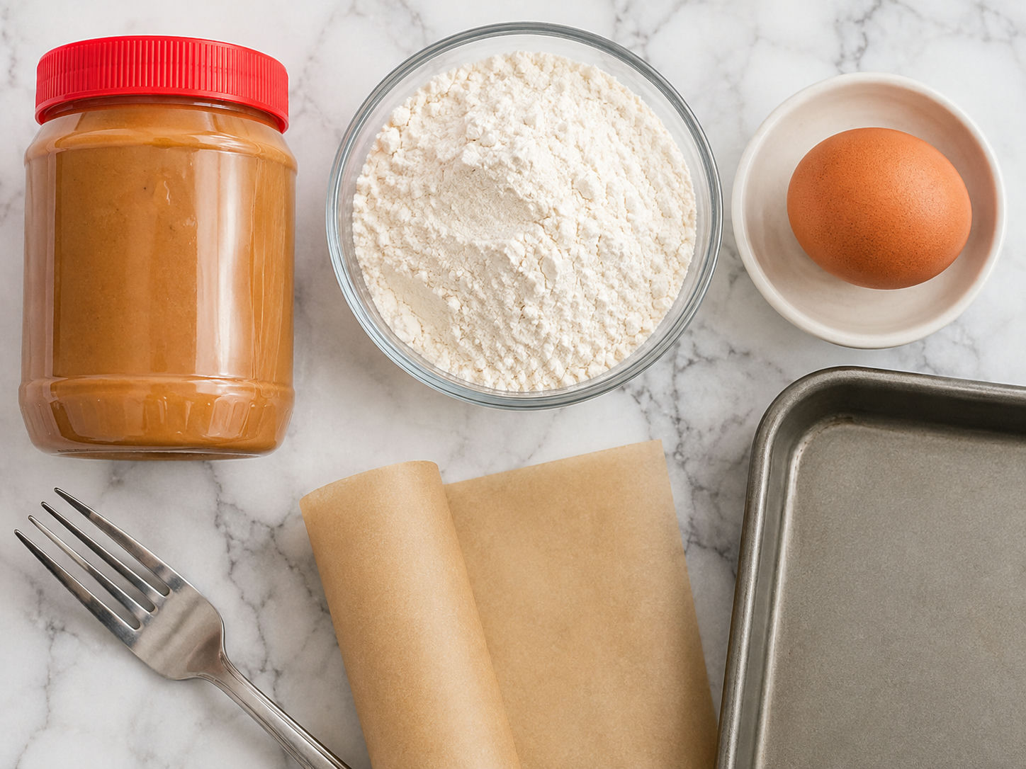 Cookie butter, flour, and egg arranged for Biscoff cookies