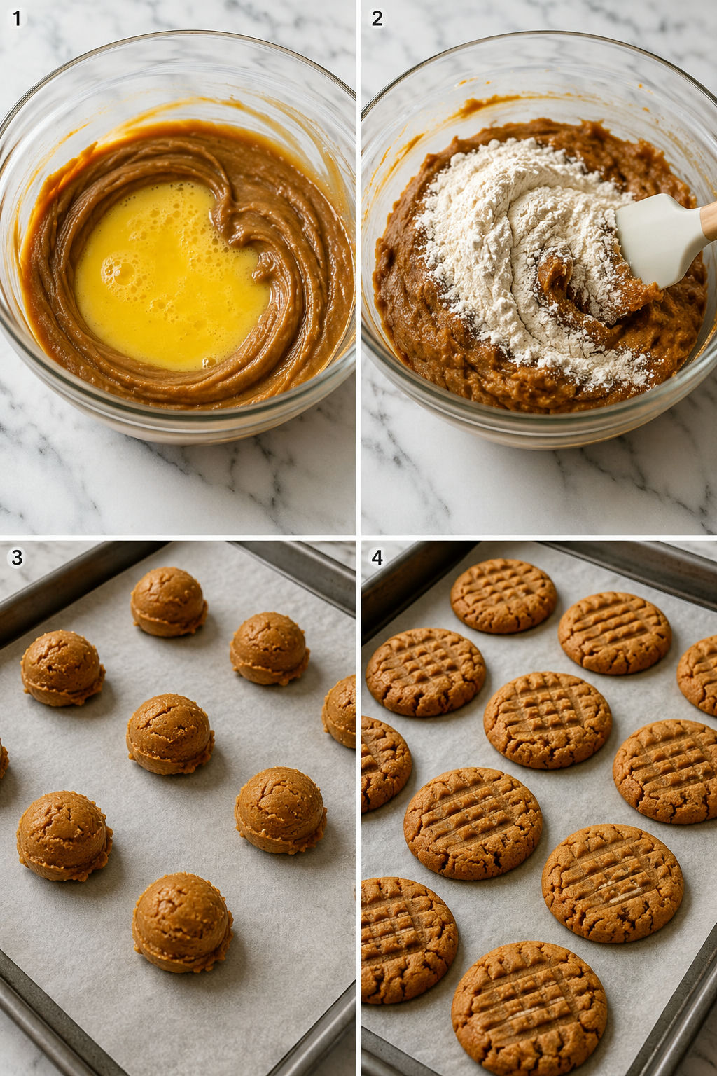 Four steps showing Biscoff cookie dough mixed, shaped, pressed, and baked