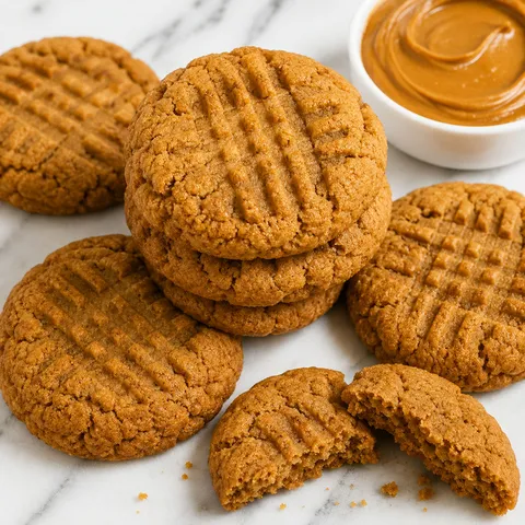 Golden fork-pressed Biscoff cookies with one broken cookie and crumbs