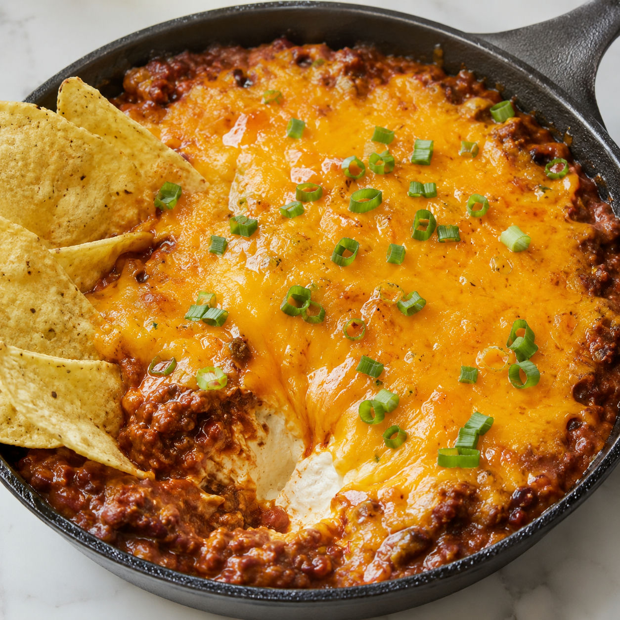 Bubbly chili cheese dip in a skillet with corn chips and green onions