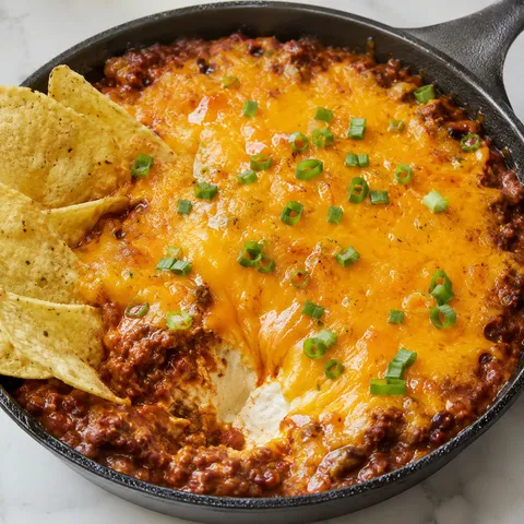 Bubbly chili cheese dip in a skillet with corn chips and green onions