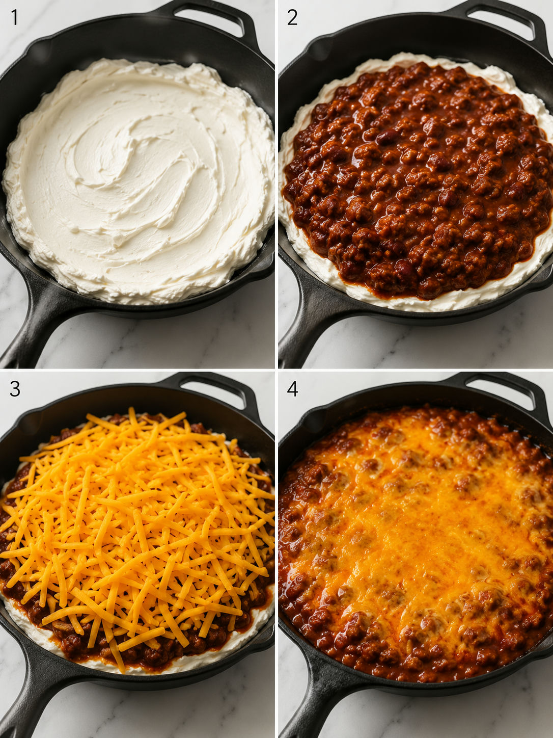 Four steps for layering and baking chili cheese dip