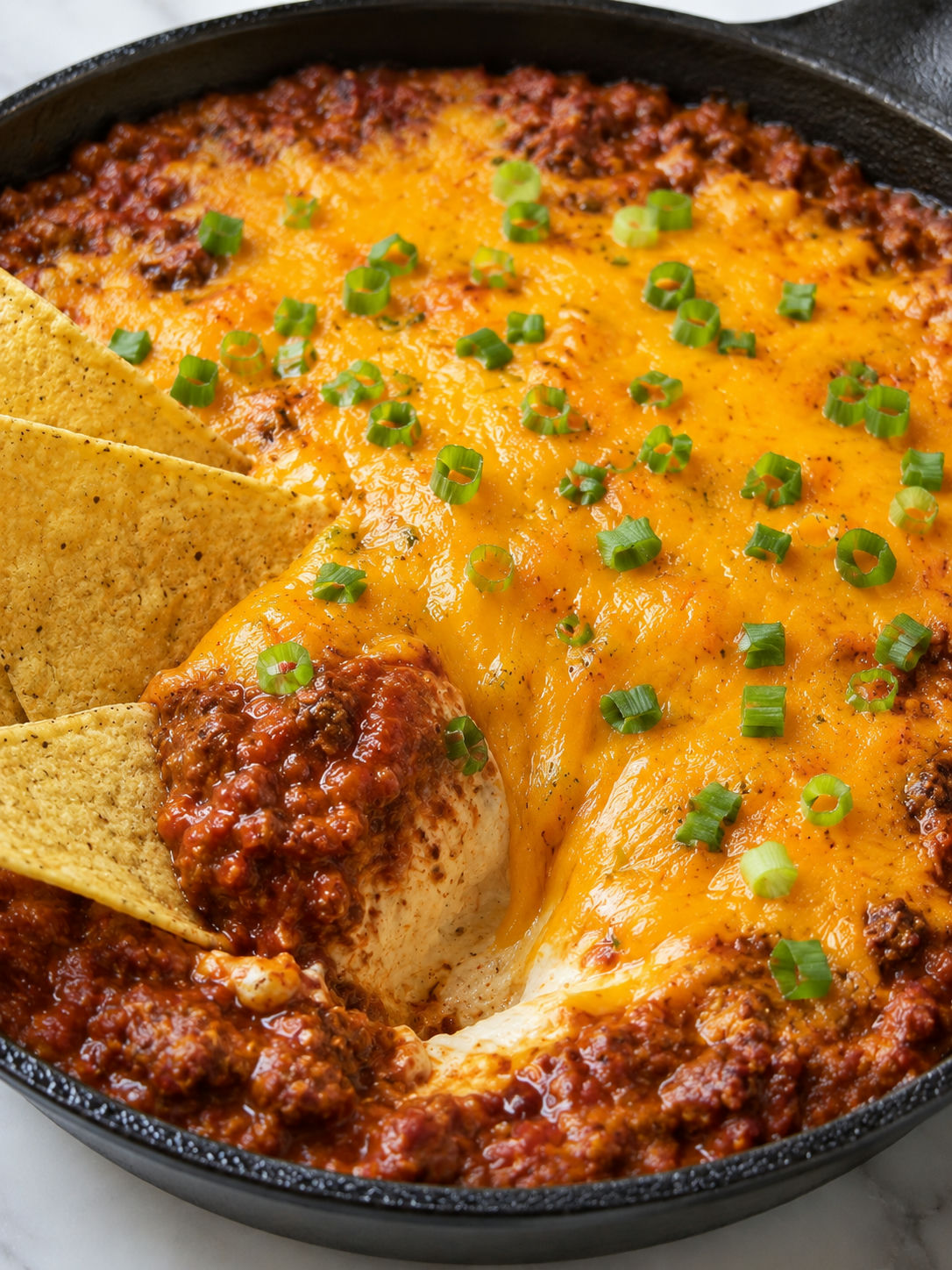 Hot chili cheese dip with melted cheddar stretching onto a corn chip