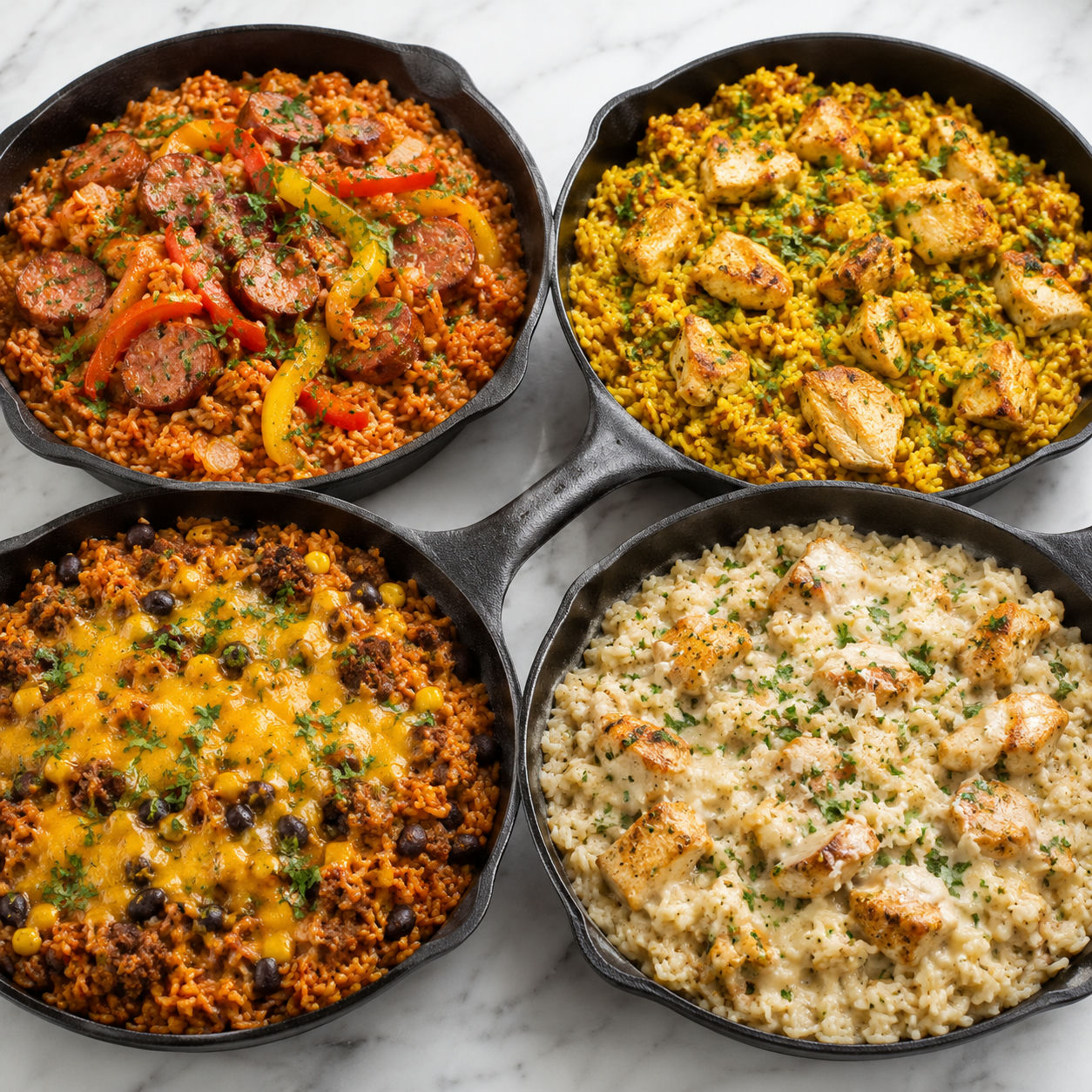 Four skillet rice dinners with chicken, sausage, beef, peppers, and herbs