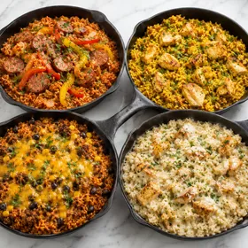 Four skillet rice dinners with chicken, sausage, beef, peppers, and herbs