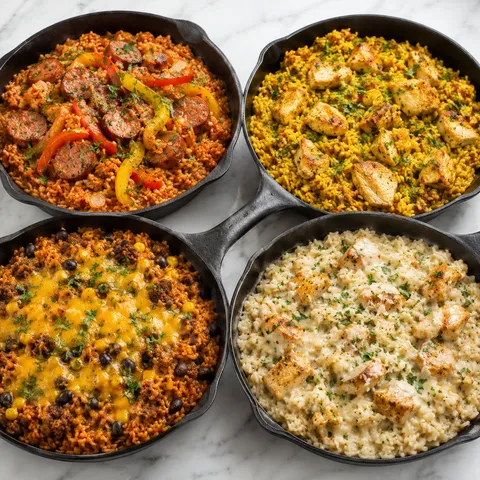 Four skillet rice dinners with chicken, sausage, beef, peppers, and herbs