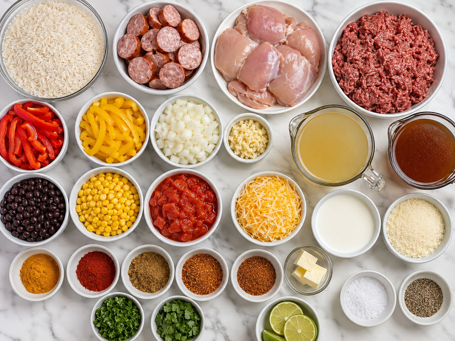 Ingredients for skillet rice dinners with rice, chicken, beef, sausage, and peppers