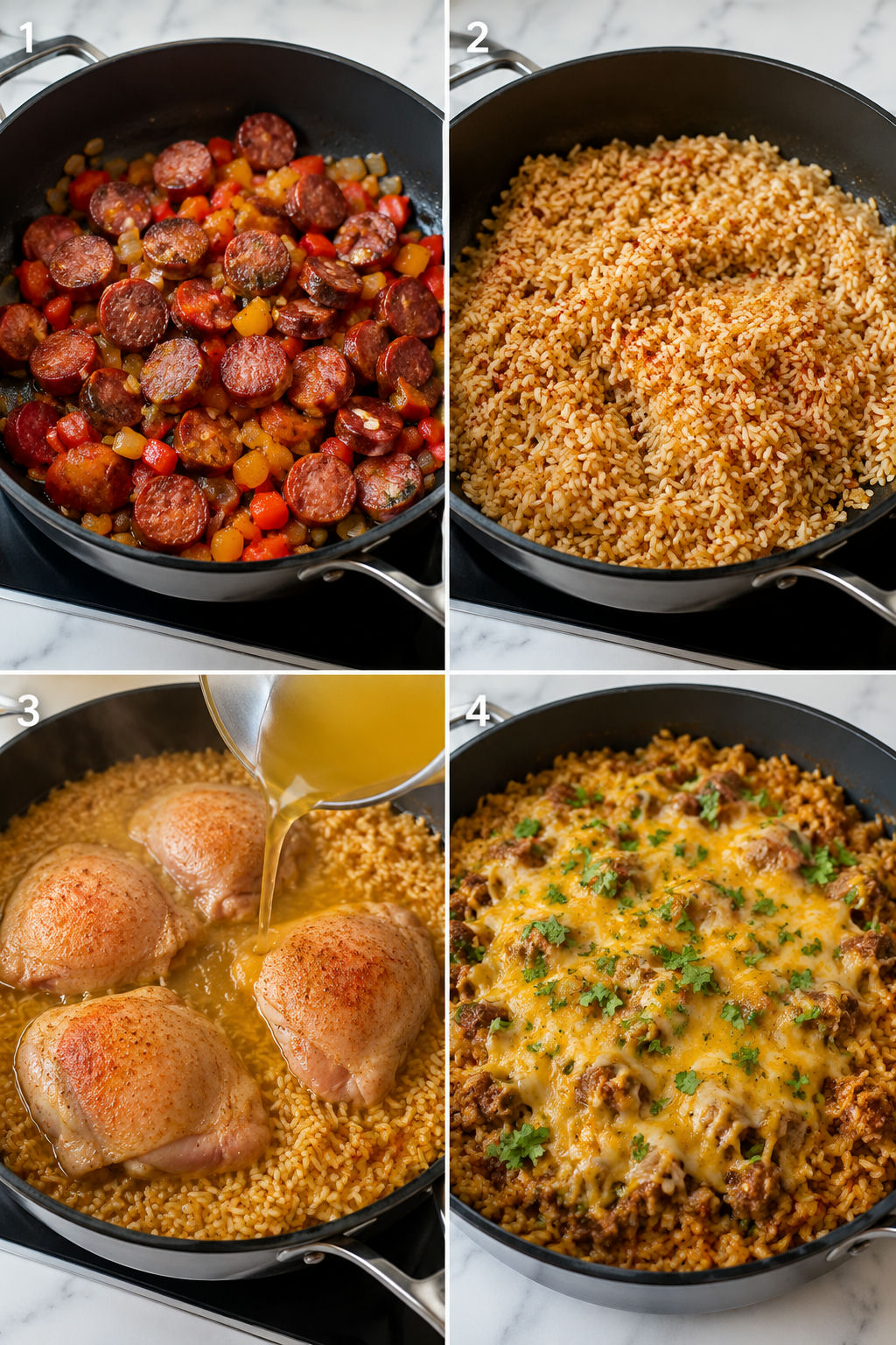 Four steps for skillet rice dinners from browning to simmering and fluffing