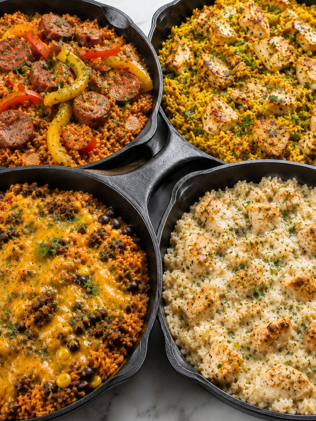 Four colorful skillet rice dinners packed tightly in small cast-iron pans