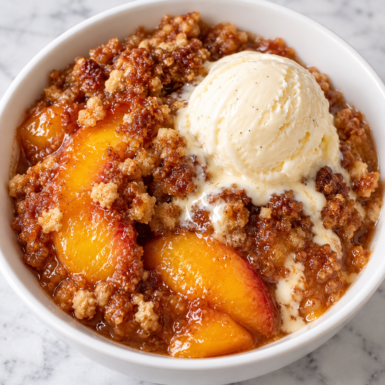 Warm frozen peach crisp with golden crumble and vanilla ice cream