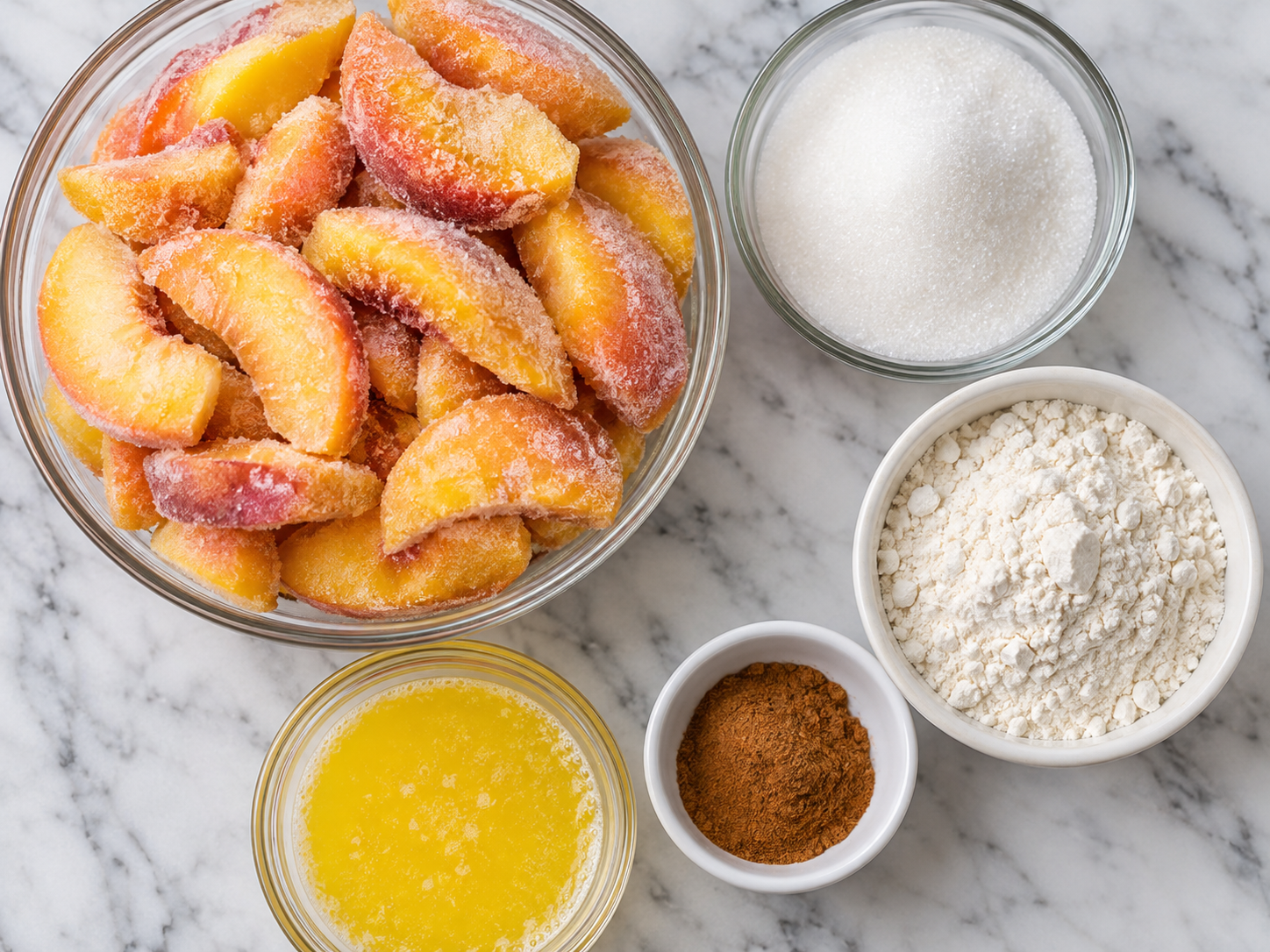 Frozen peaches, sugar, flour, cinnamon, and melted butter on a counter