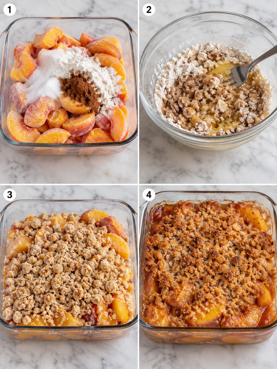 Four steps for making frozen peach crisp from frozen fruit to baked crumble