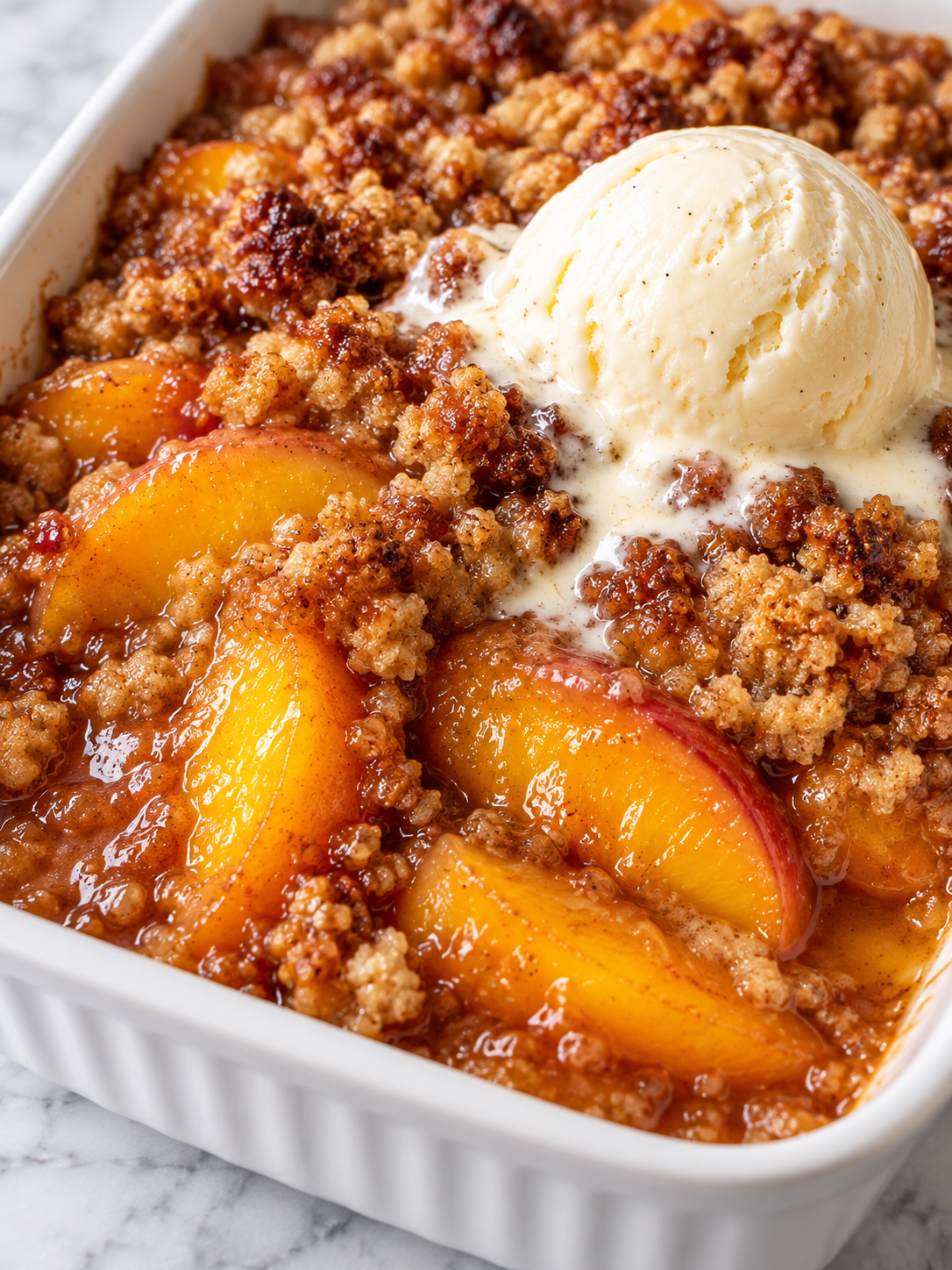 Spoonful of warm peach crisp with golden crumble and melting ice cream