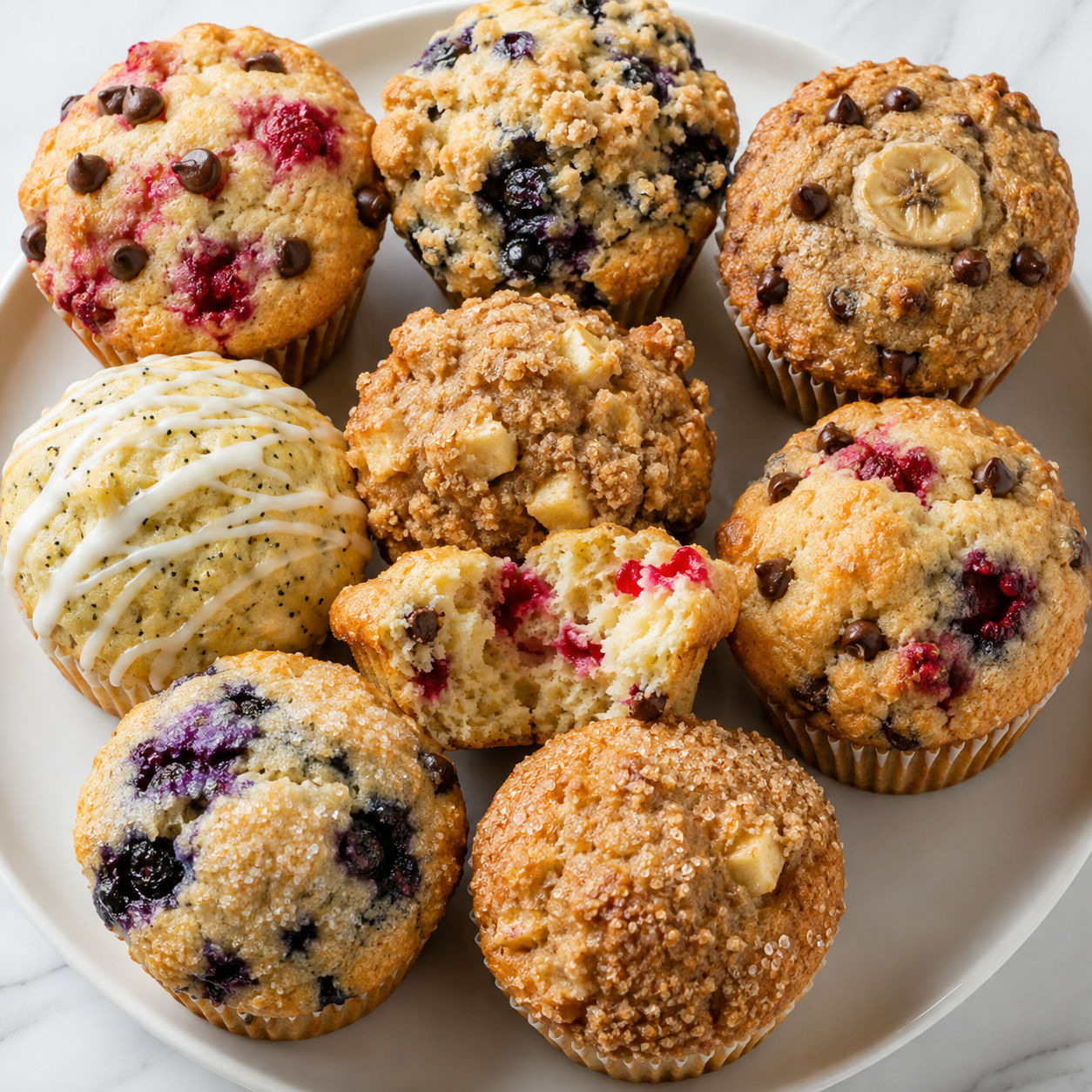 Mixed batch of five muffin flavors with berries, crumble, lemon, apple, and chocolate