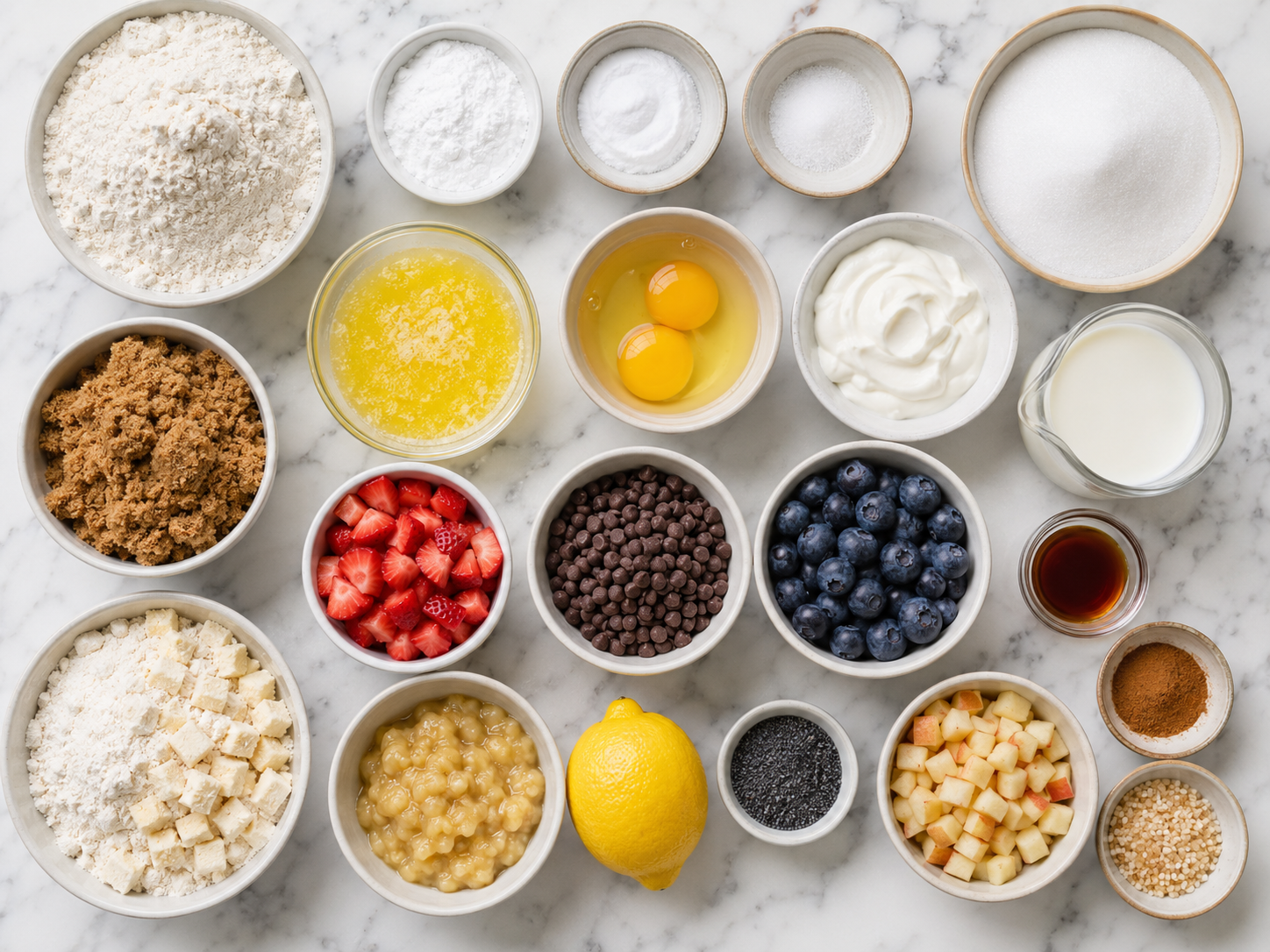 Ingredients for five muffin flavors arranged in bowls on a kitchen counter