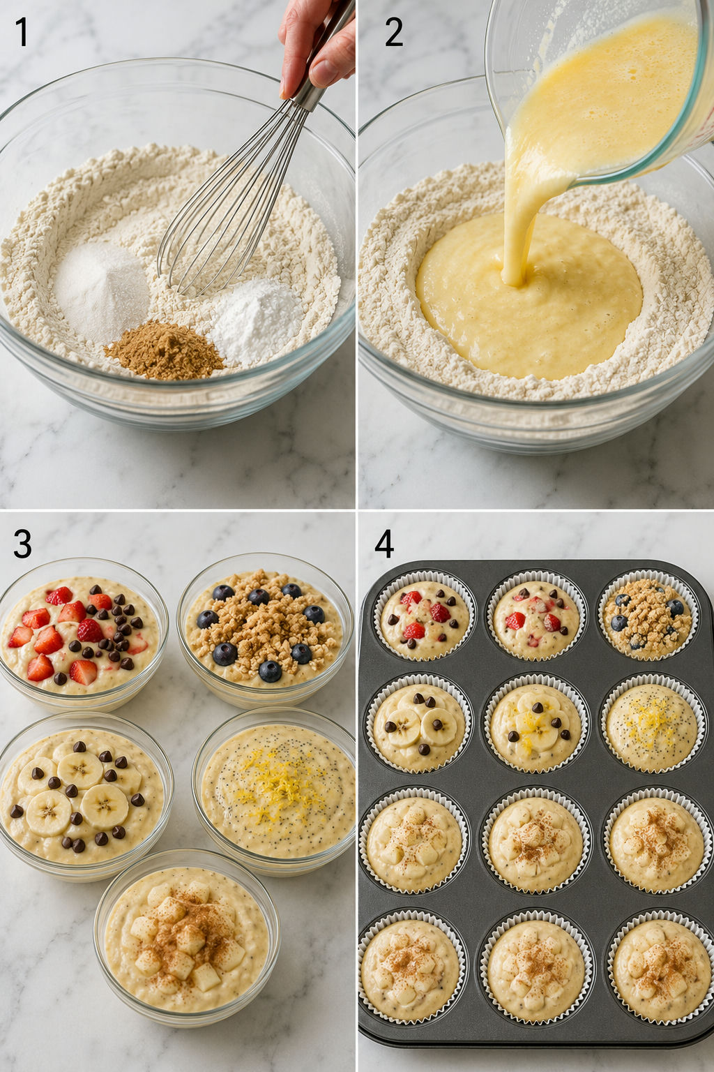 Four steps for mixing and flavoring one muffin batter five ways