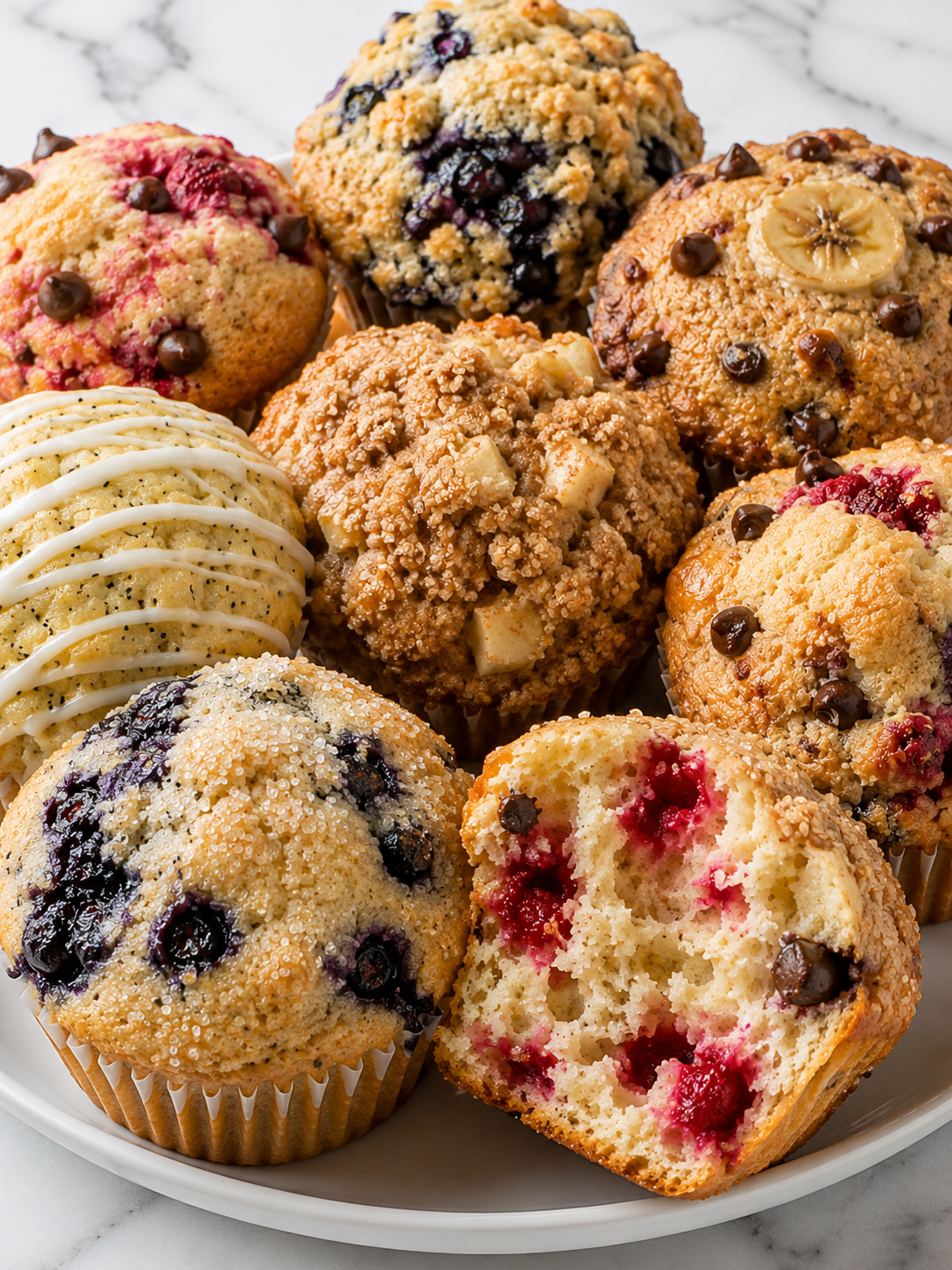 Golden mixed muffins piled together with berries, crumble, lemon glaze, and chocolate