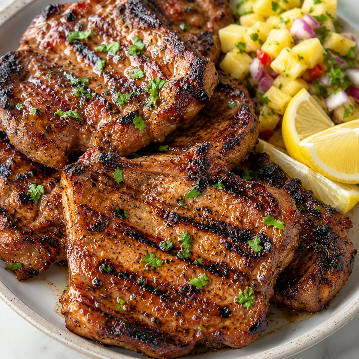 Grilled marinated pork chops with parsley, lemon, and pineapple salsa