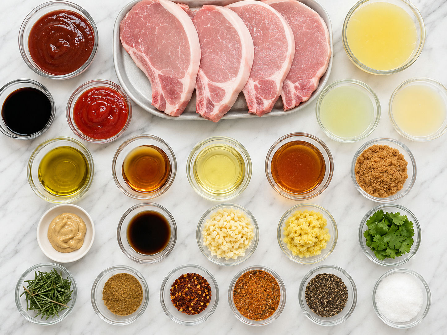 Ingredients for five freezer pork chop marinades on a kitchen counter