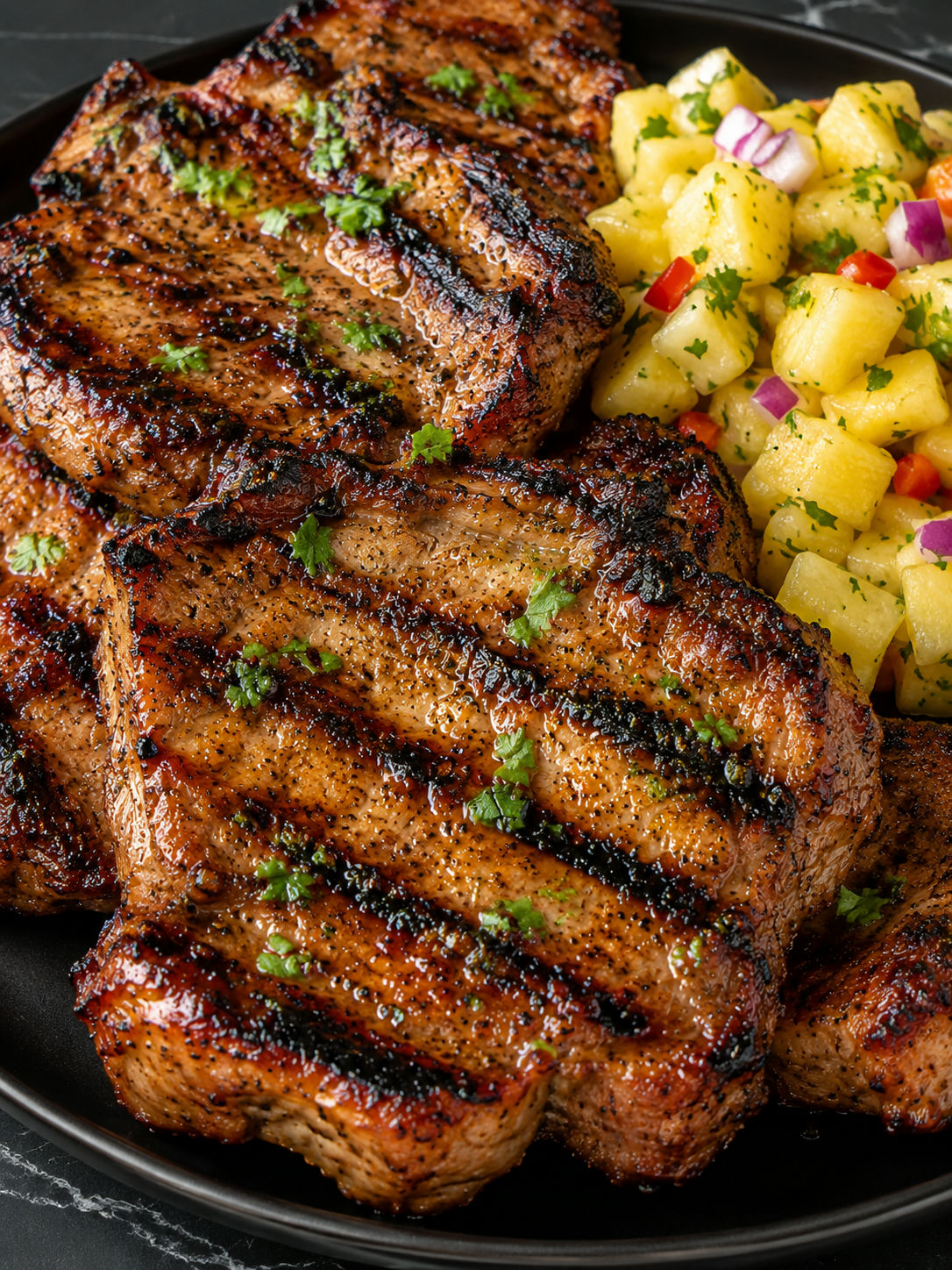 Juicy grilled marinated pork chops with lemon, parsley, and pineapple salsa