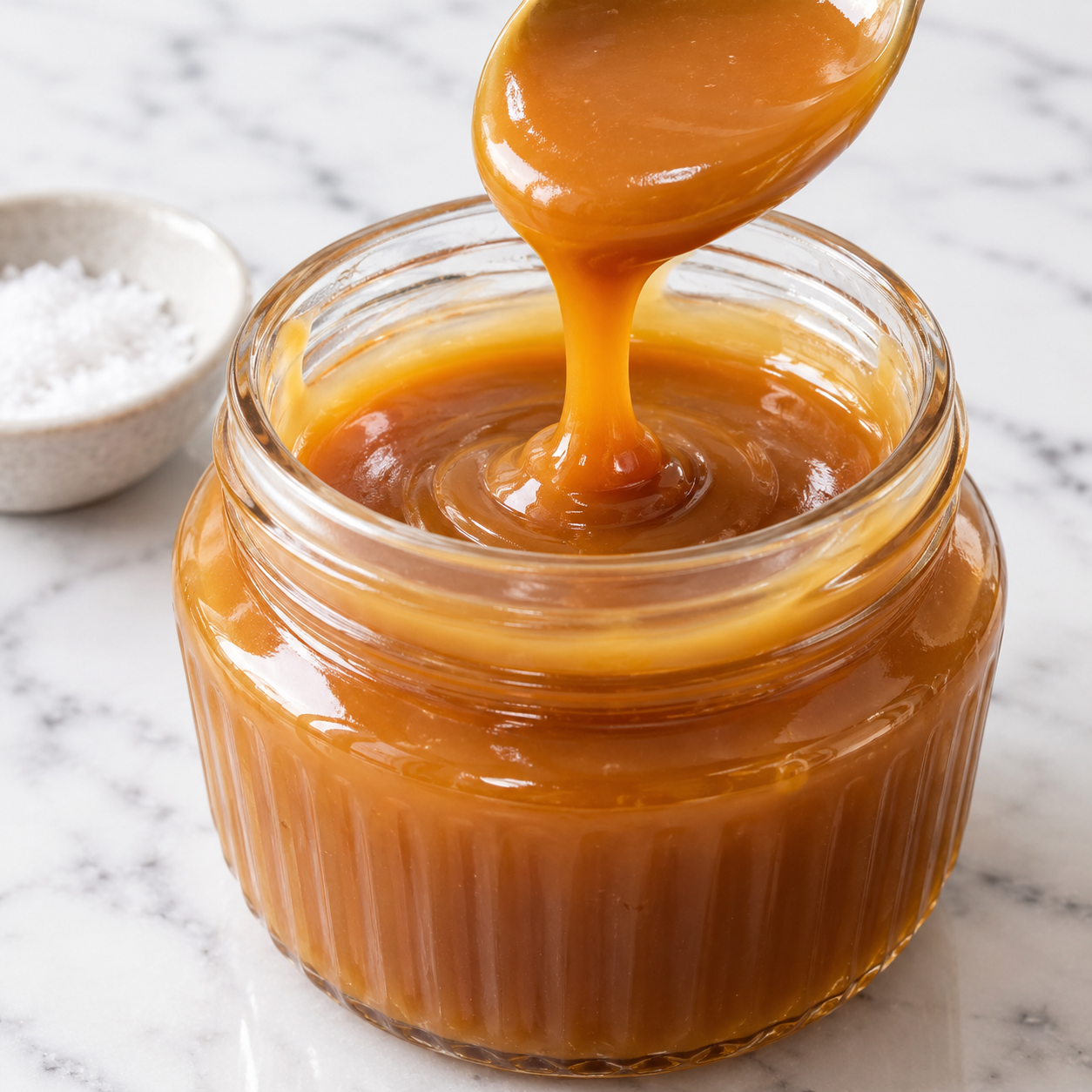 Glossy homemade caramel sauce poured into a glass jar