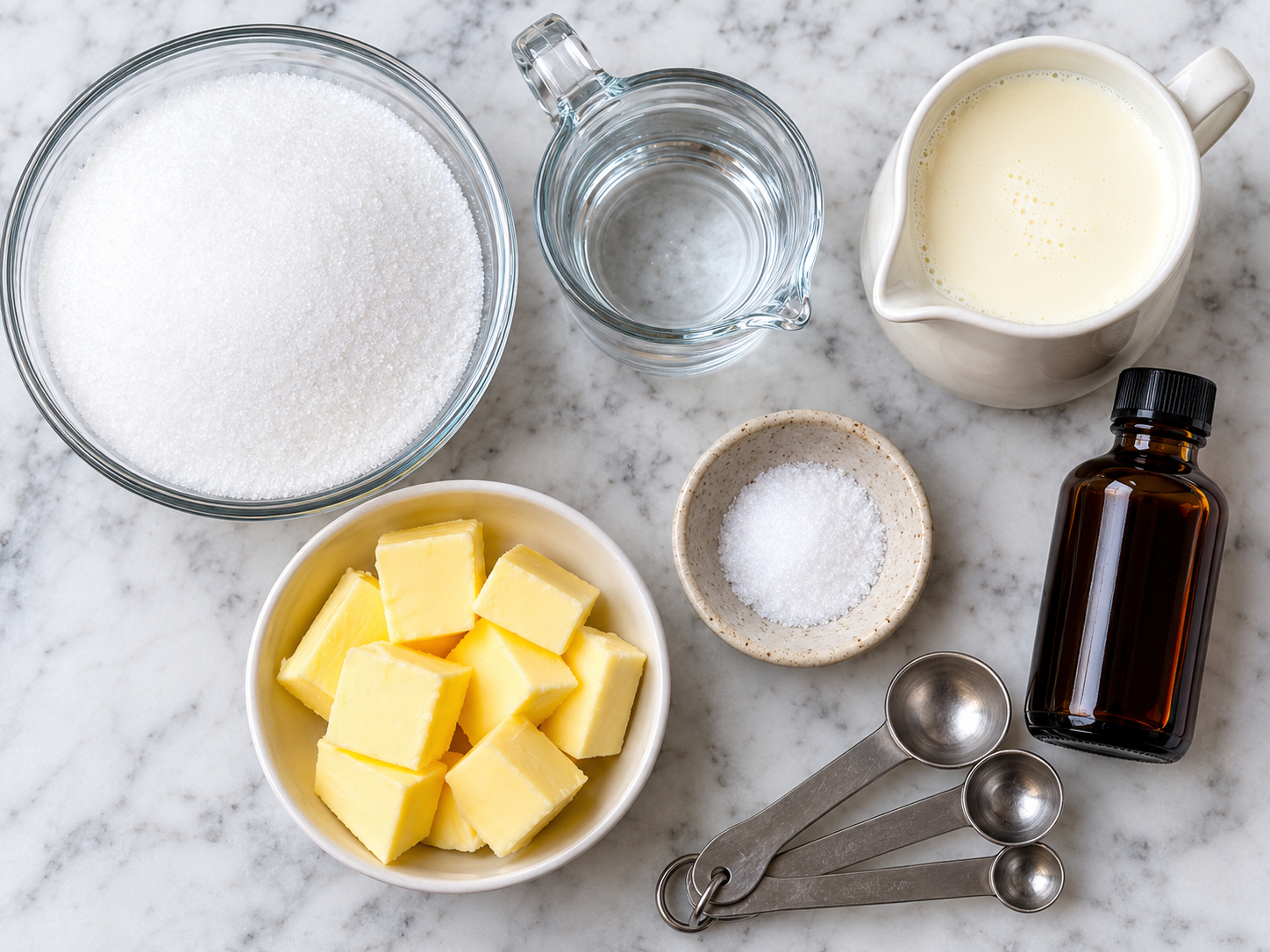 Sugar, cream, butter, vanilla, salt, and water for caramel sauce