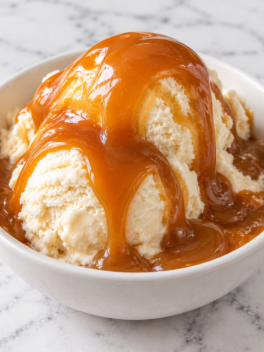 Warm caramel sauce drizzled over vanilla ice cream
