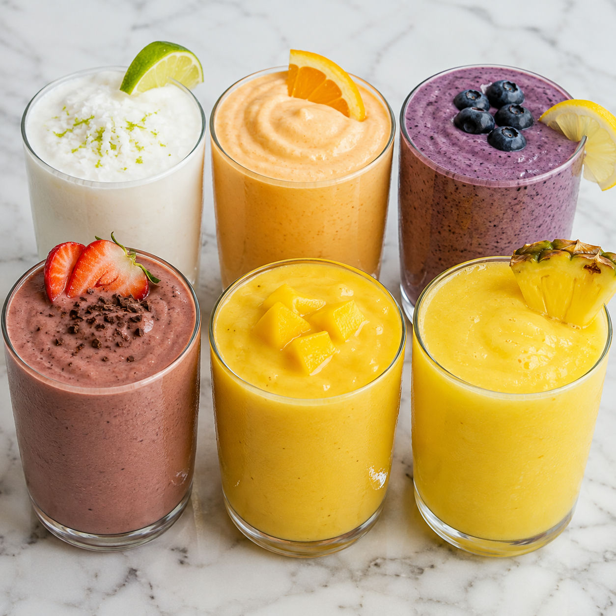Six colorful fruit smoothies in chilled glasses with fresh fruit garnishes