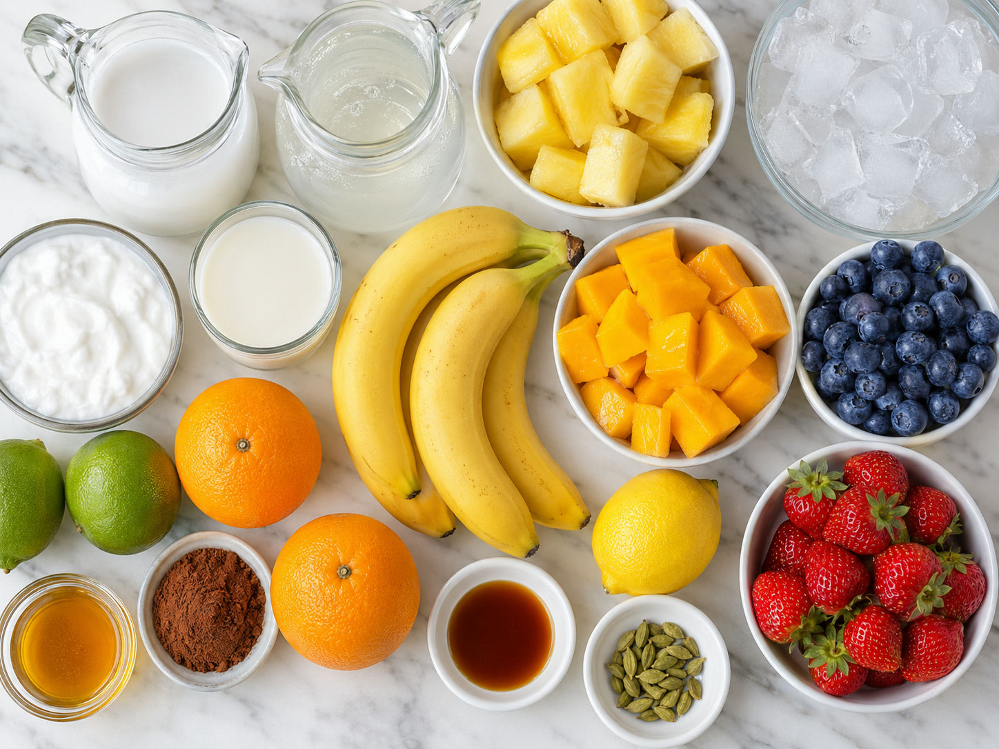 Fruit, yogurt, coconut, honey, cocoa, and ice for colorful smoothies