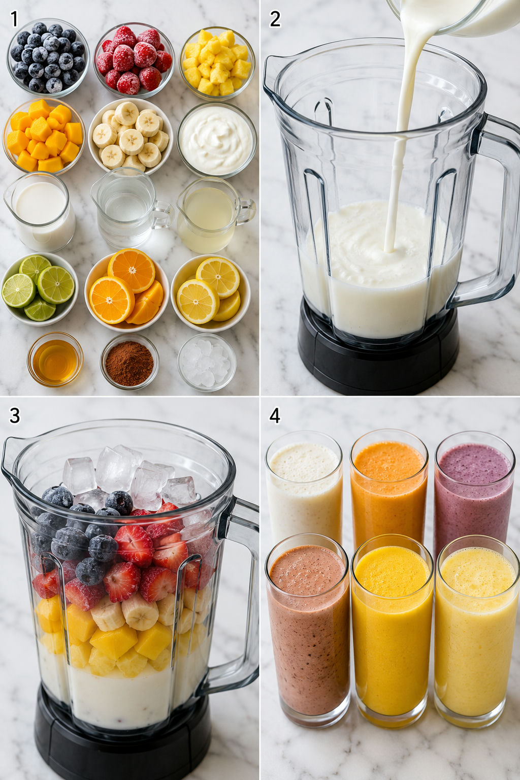Four steps for making colorful fruit smoothies in a blender