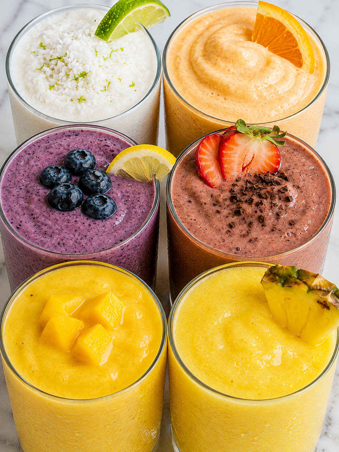 Six frosty colorful smoothies with citrus, berries, mango, and pineapple