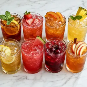 Colorful sweet tea glasses with fruit, mint, lemon, and ice