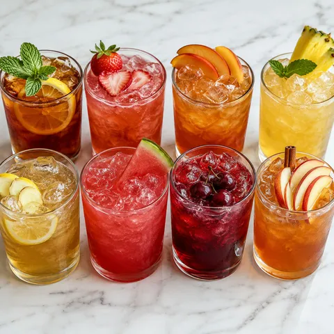 Colorful sweet tea glasses with fruit, mint, lemon, and ice