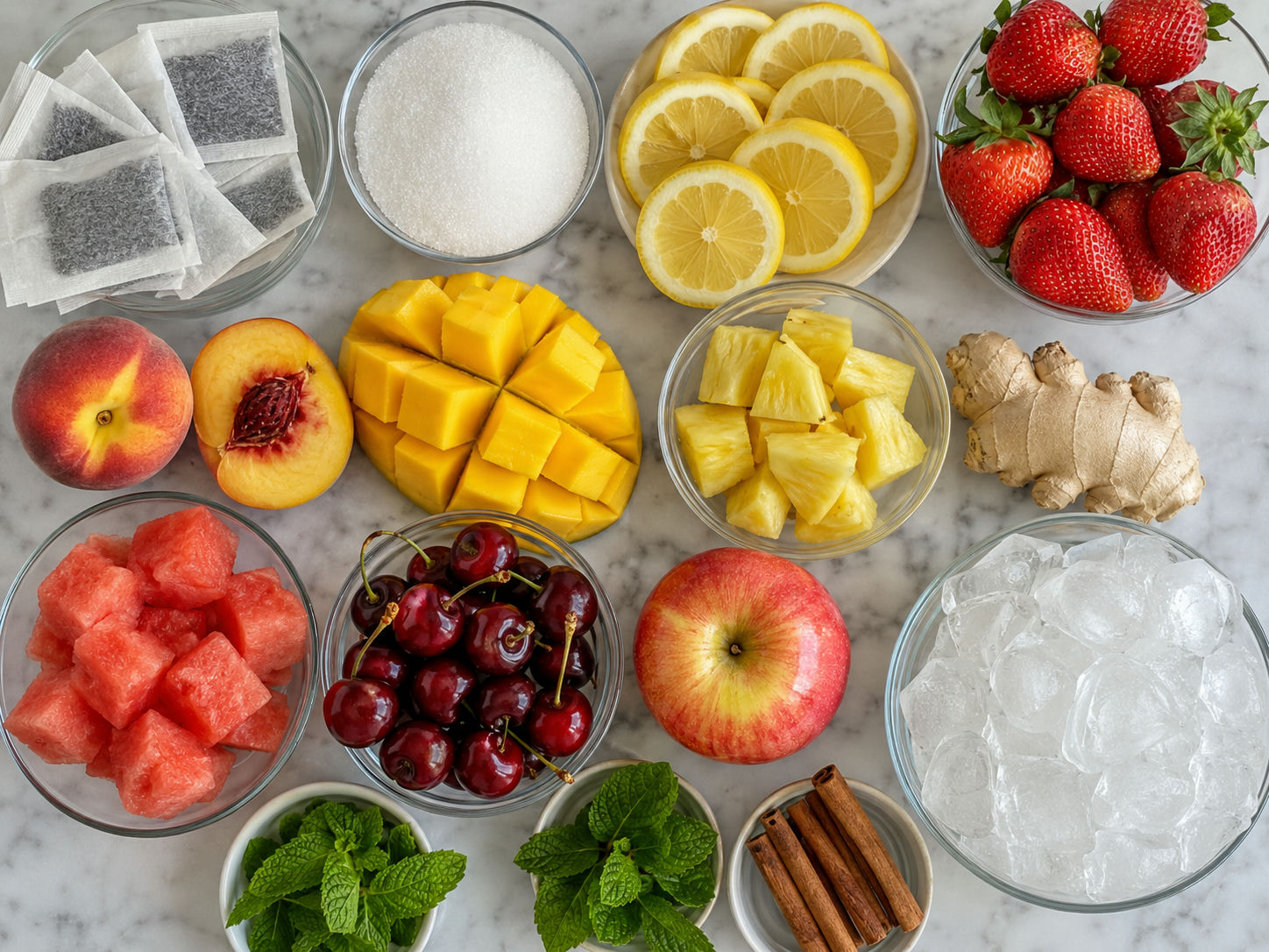 Sweet tea ingredients with black tea, sugar, fruit, mint, and ice