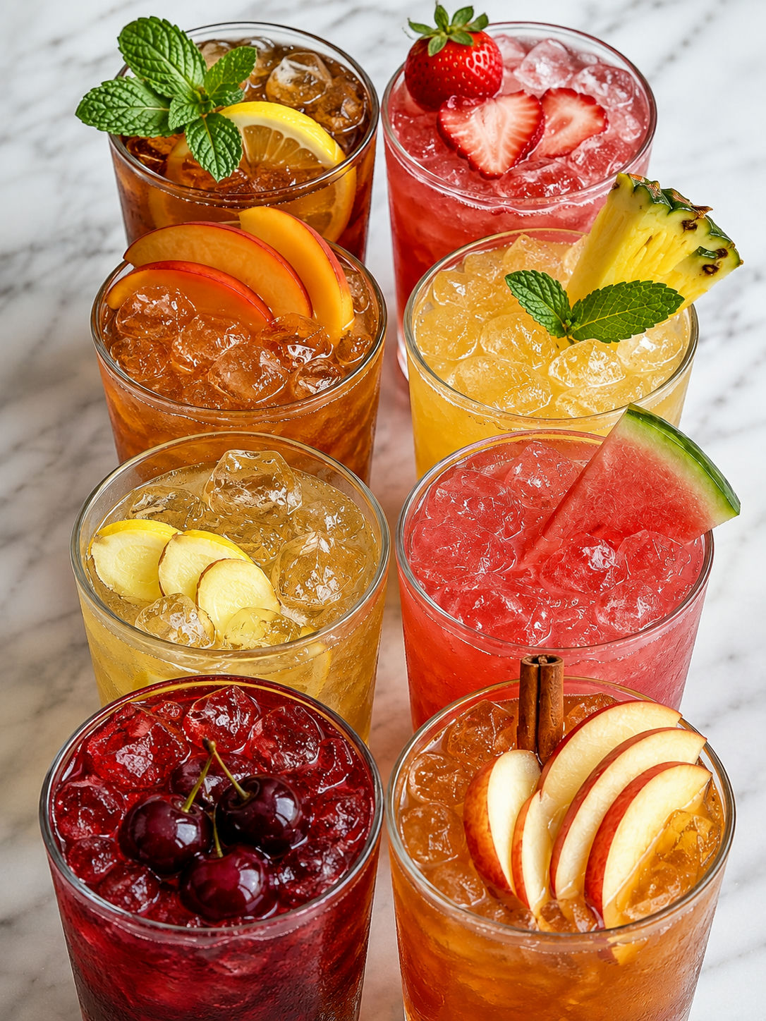 Eight fruit sweet tea glasses packed with ice and summer garnishes
