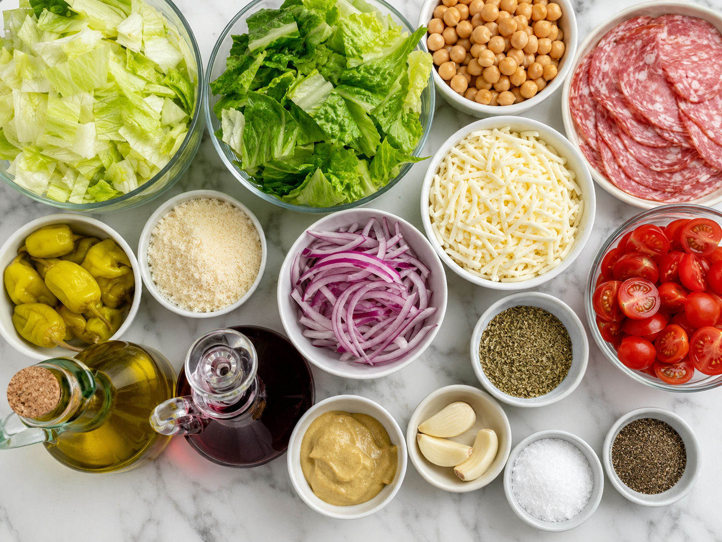 Ingredients for chickpea salami chopped salad on a wooden surface