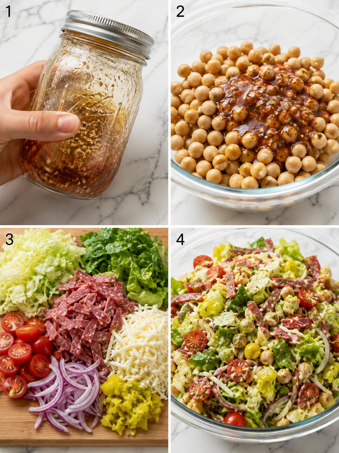 Steps for making chickpea salami chopped salad with vinaigrette