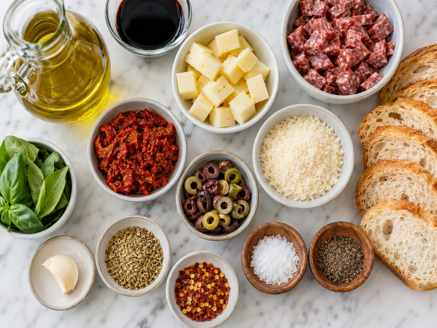 Ingredients for bread dipping oil with cheese, salami, olives, basil, and baguette