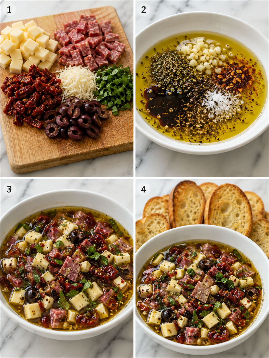 Four steps for making loaded bread dipping oil with chopped mix-ins and bread