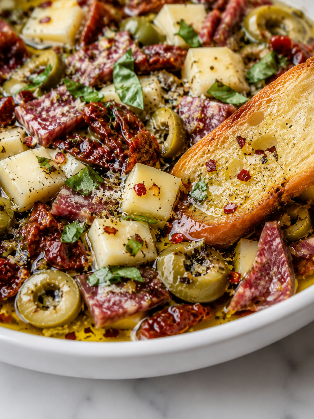 Loaded bread dipping oil with toasted baguette, cheese, salami, olives, and basil