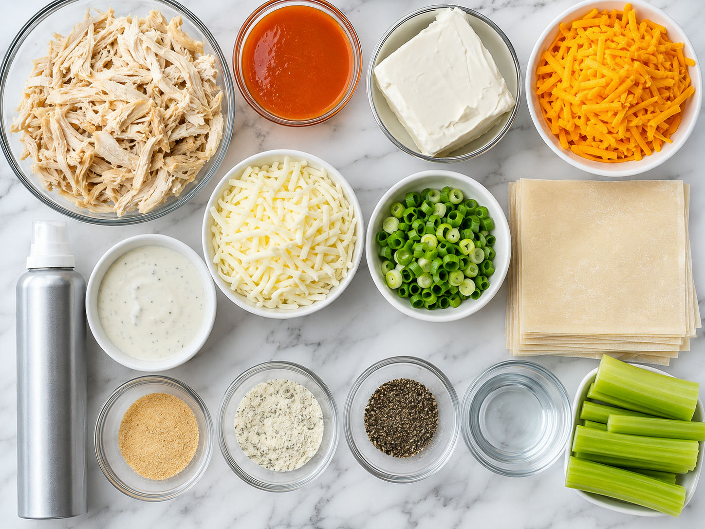 Ingredients for buffalo chicken egg rolls with chicken, cheese, sauce, and wrappers