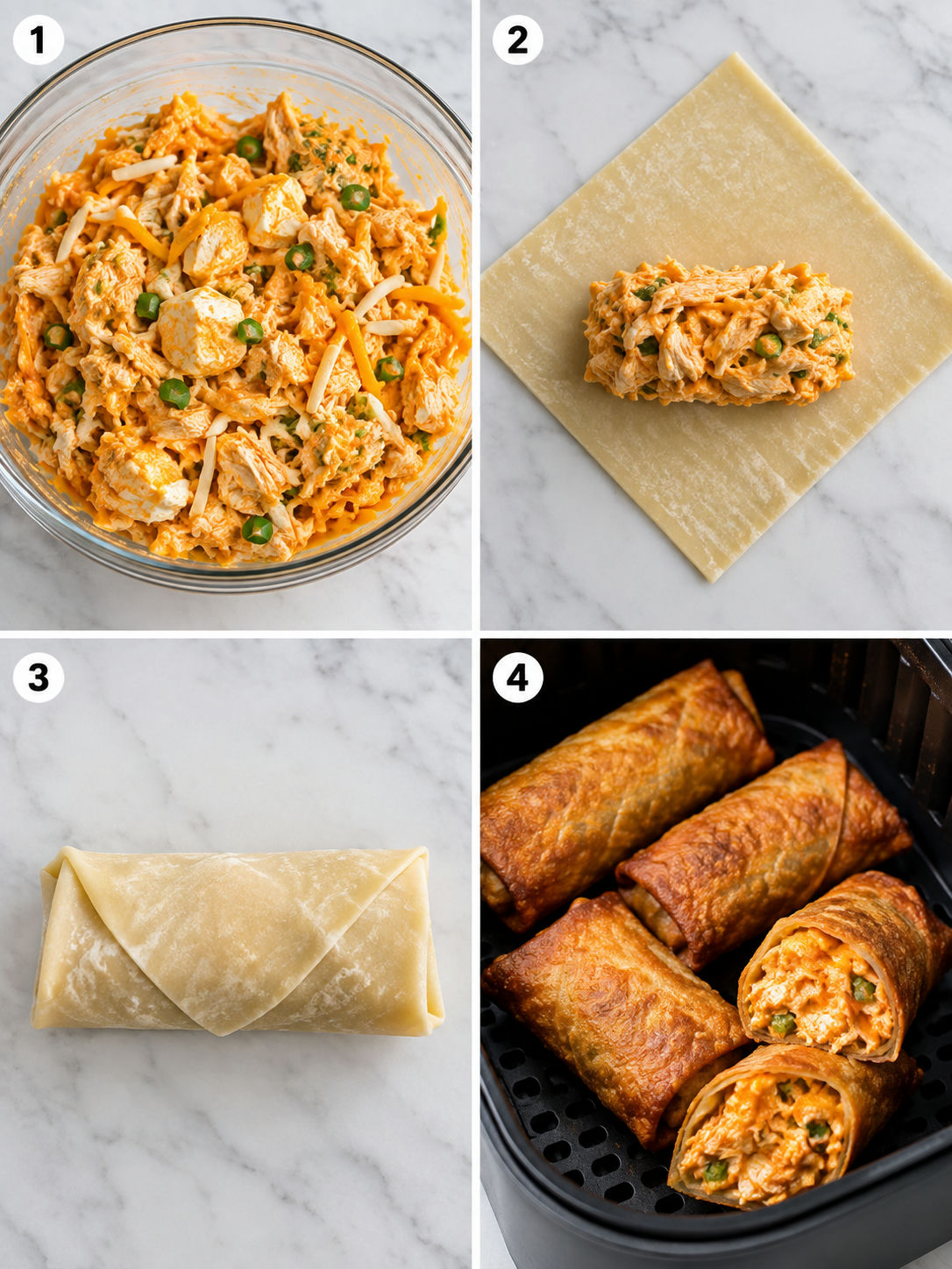 Steps for mixing, filling, rolling, and air frying buffalo chicken egg rolls