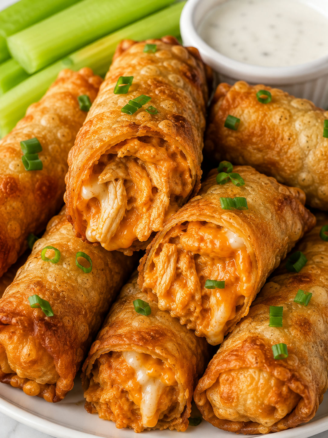 Golden buffalo chicken egg rolls with melted cheese and green onions