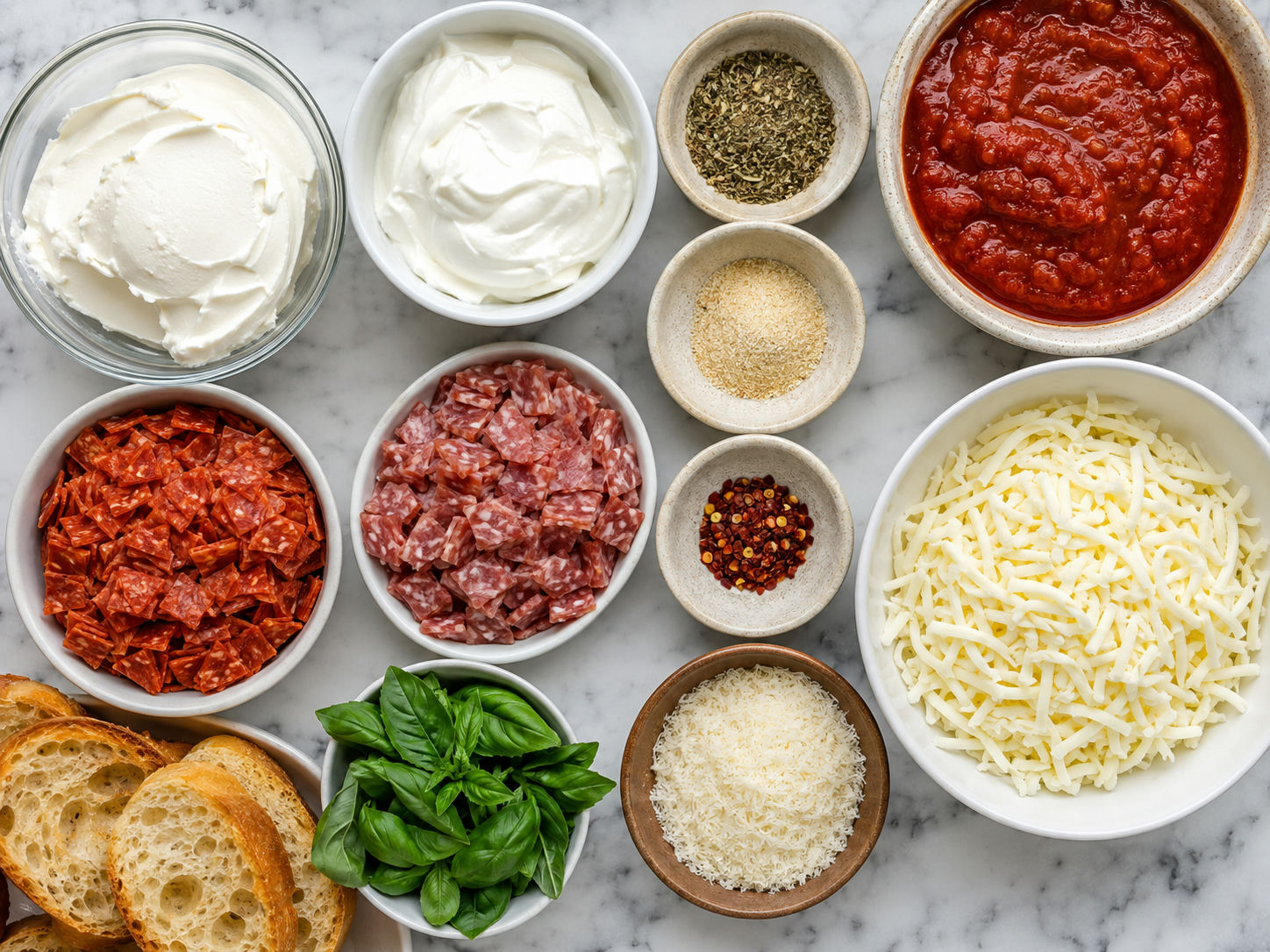 Ingredients for cheesy pizza dip with cheeses, pizza sauce, meats, and basil